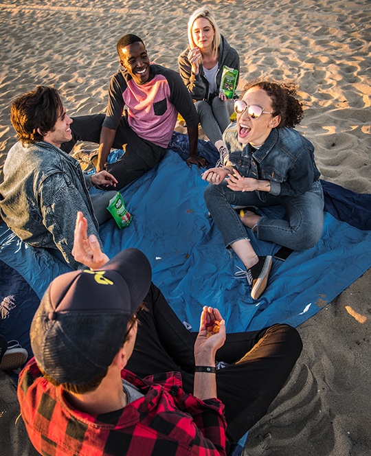 Group sitting on blanket at the beach